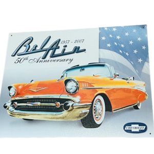 Bel Air Car Sign Chevrolet Chevy Metal 16X12 Orange 50th Anniversary Classic Vtg